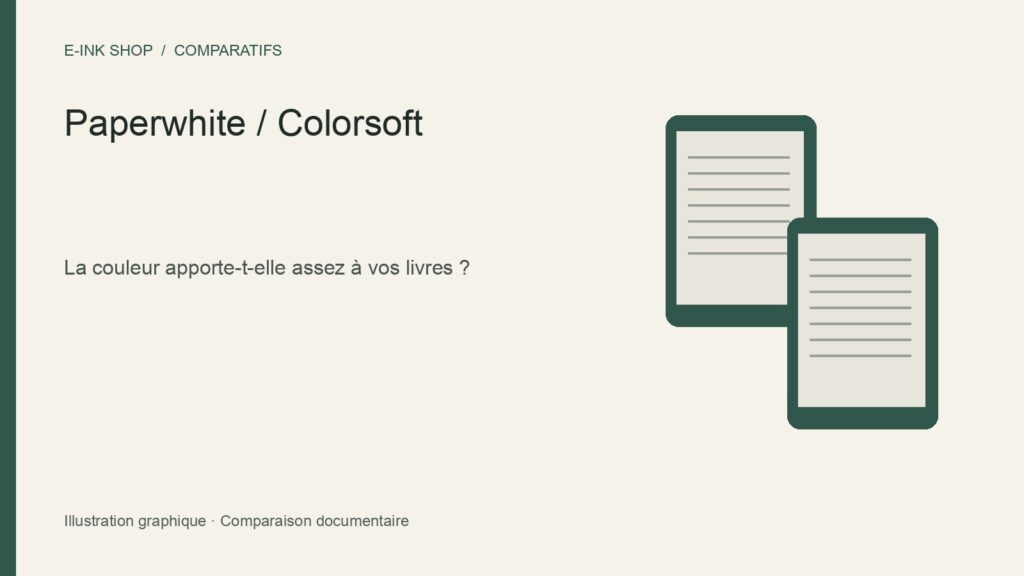 Comparatif Kindle Paperwhite 16 Go (2024, 12e génération) et Kindle Colorsoft Signature Edition 32 Go — illustration graphique